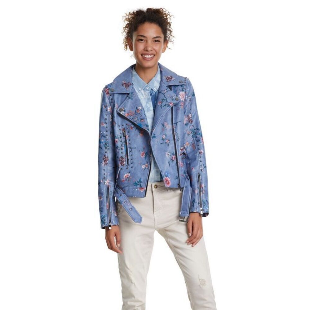 Desigual Womenβs Nassau Faux Leather Floral Embroidered BikerβJacket SZ 36